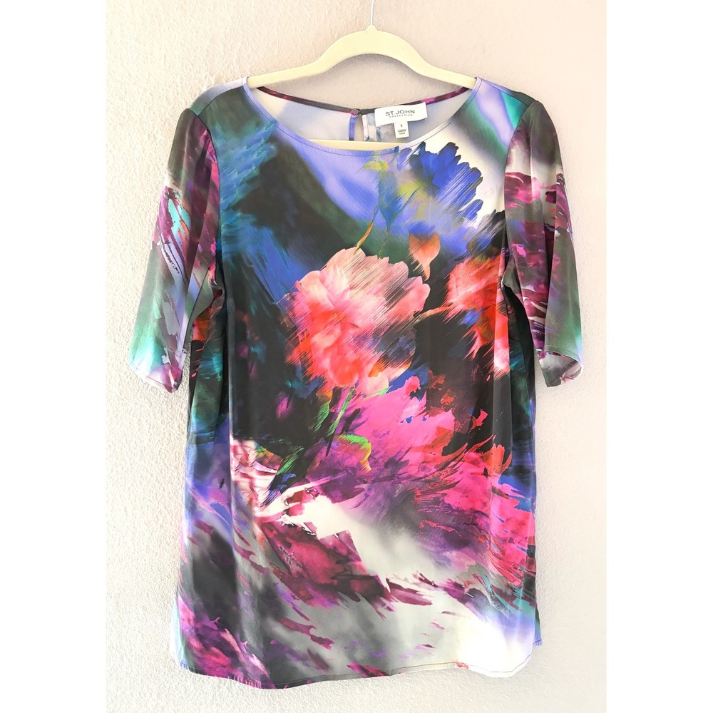 St. John Collection Women Multicolor Abstract Floral Short Sleeve Blouse Silk S